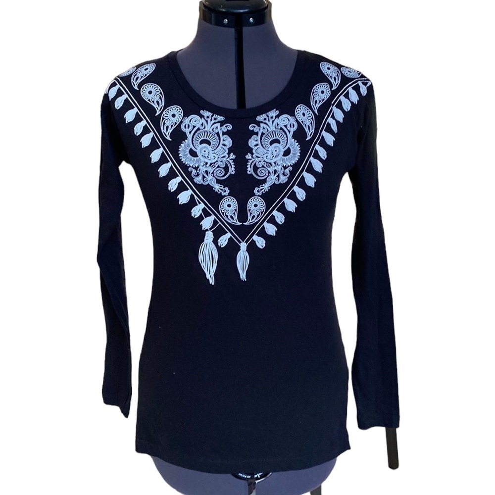InSide #INSGIRL Size XS Black w/print White Long Sleeve Shirts Cotton NEW